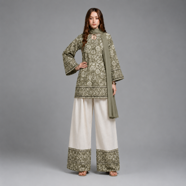 Green Lawn 3-Piece – Short Digital Printed Shirt with Farshi Trouser & Plain Chiffon Dupatta